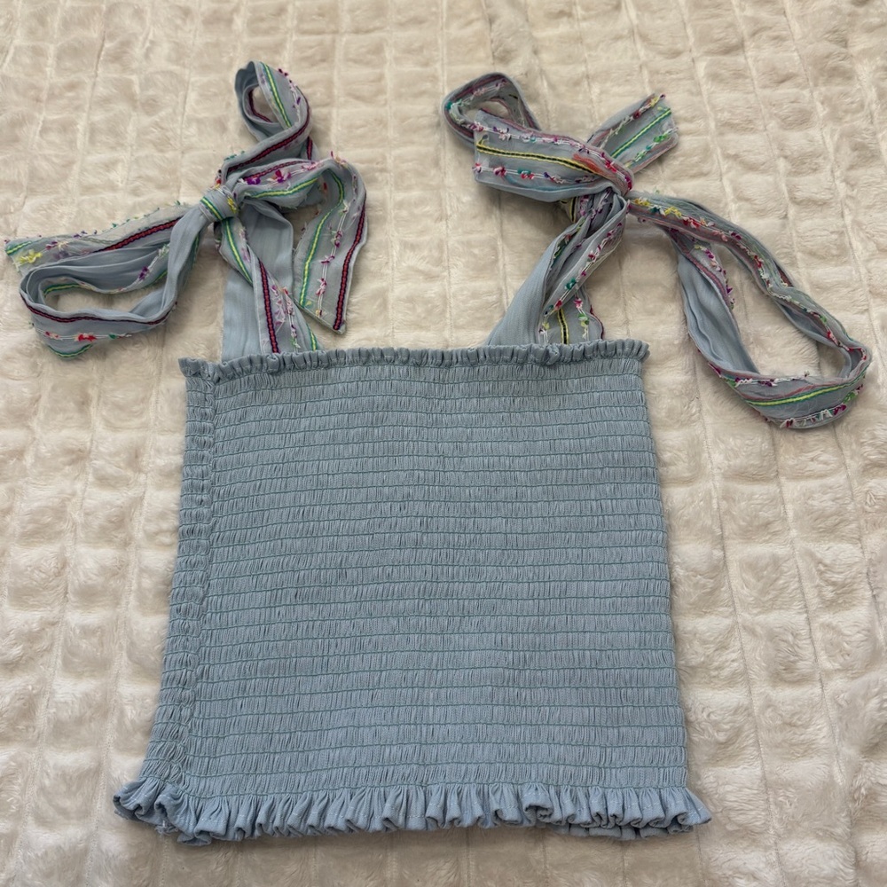 Koch Small Cece‎ Blue Smocked Tank Top ~ Floral Straps Fairy Coquette Beach